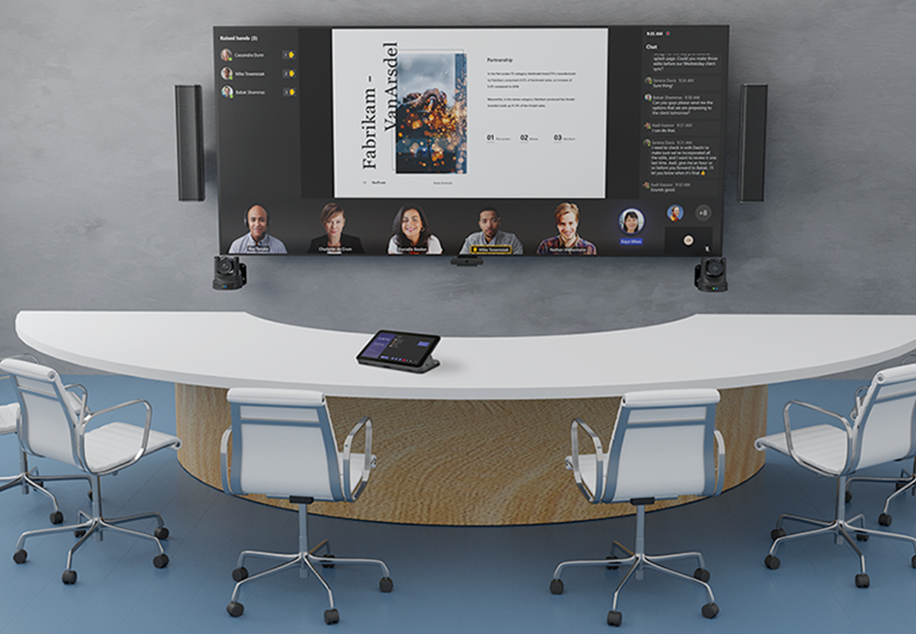 Mötesrum uppställt för ett videmöte med Microsoft Signature Teams Room