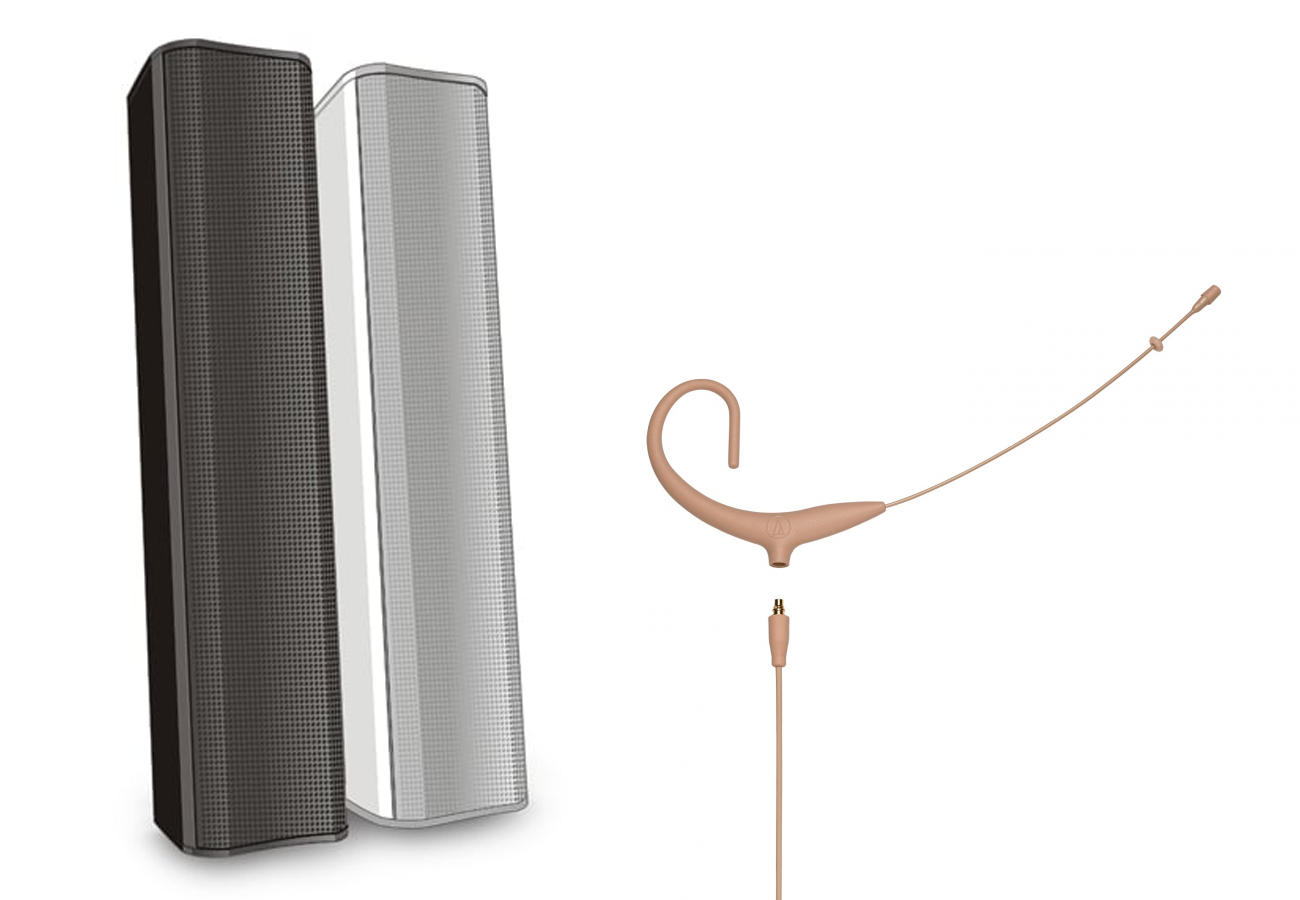 Pelarhögtalare och trådlöst mikrofonheadset